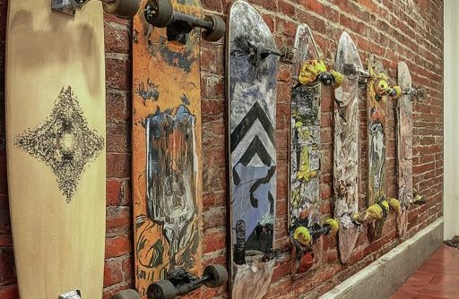 skateboard on a wall