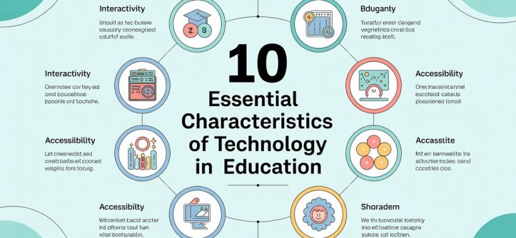 Infographic listing the 10 essential characteristics of technology in education, highlighting features like interactivity, accessibility, and collaboration.