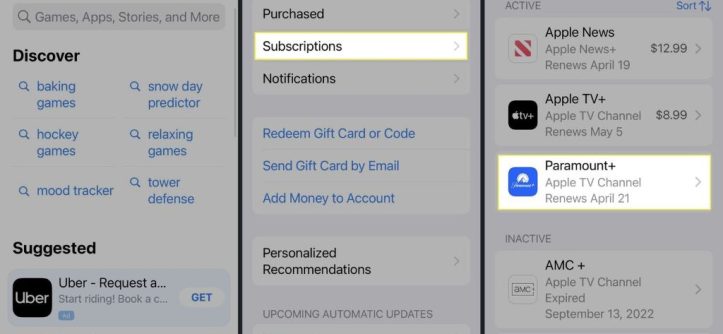 Paramount Plus app interface showing subscription cancellation options on mobile device