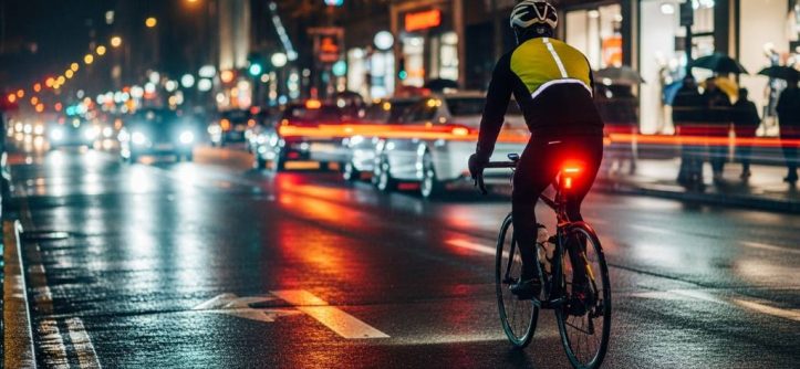 A cyclist in a bustling city street at night, illuminated by bright front and rear bike lights, highlighting urban visibility gear.