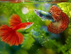 Colorful neon tetras and guppies swimming peacefully in a planted tropical aquarium with green plants and driftwood