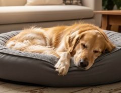 Fluffy golden retriever curled in gray machine-washable donut dog bed on living room floor