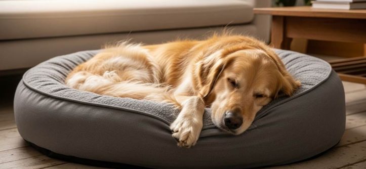 Fluffy golden retriever curled in gray machine-washable donut dog bed on living room floor