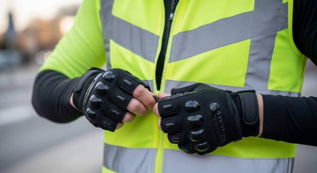 Close-up of a commuter adjusting a reflective vest and padded cycling gloves, showcasing protective clothing details.