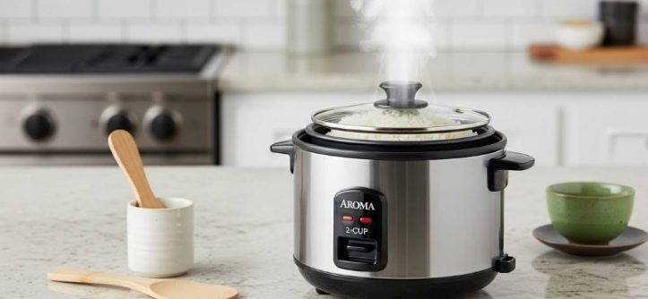 Compact Aroma 2-Cup mini rice cooker on kitchen counter with steaming rice