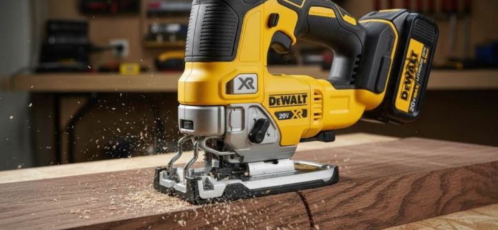 DEWALT 20V MAX Jig Saw cutting through hardwood with precision and ease