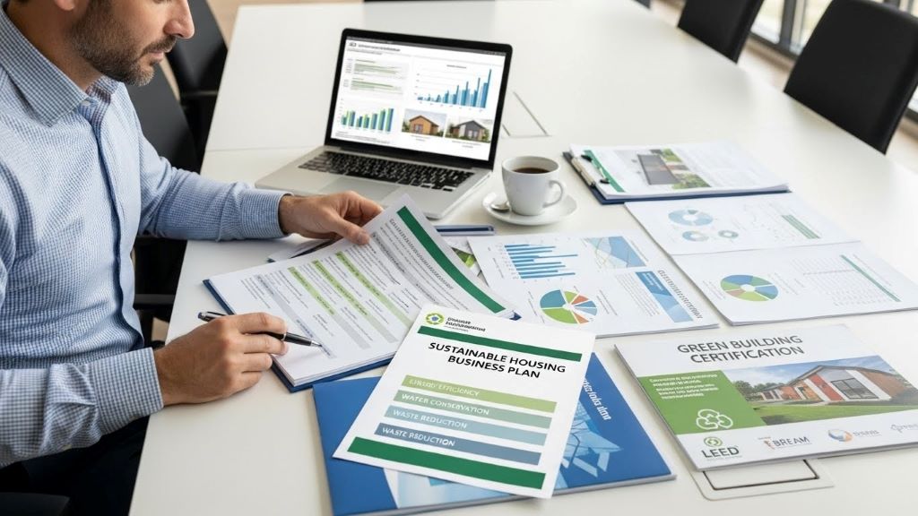 Real estate investor reviewing sustainable housing business plan documents with green building certification materials