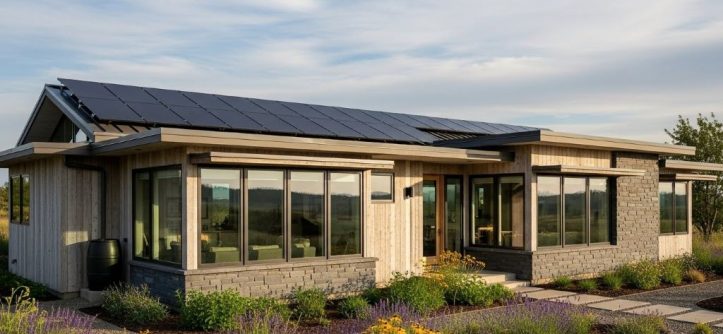 Modern sustainable house with solar panels and energy-efficient windows surrounded by native landscaping