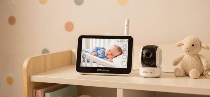 Babysense video baby monitor parent unit displaying clear HD image alongside camera unit on nursery shelf
