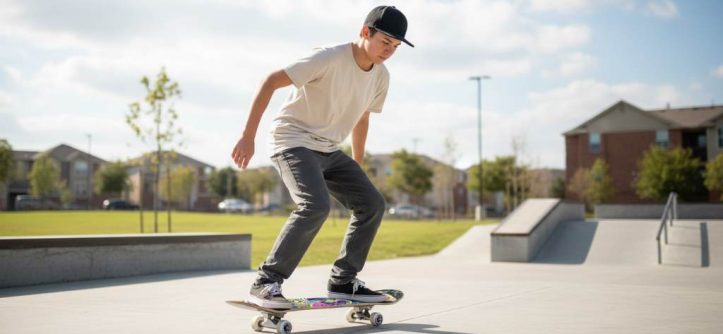 Beginner skater cruising smoothly on durable 8-inch maple deck skateboard in urban park