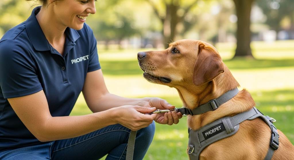 Dog trainer demonstrating proper front-clip attachment on PHOEPET grey harness while rewarding attentive Labrador during outdoor training