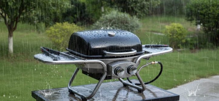 Durable stainless steel gas grill standing strong during rainy outdoor weather