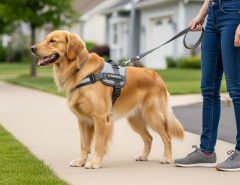 Golden retriever wearing grey PHOEPET no-pull harness walking calmly beside owner on neighborhood sidewalk during leash training session