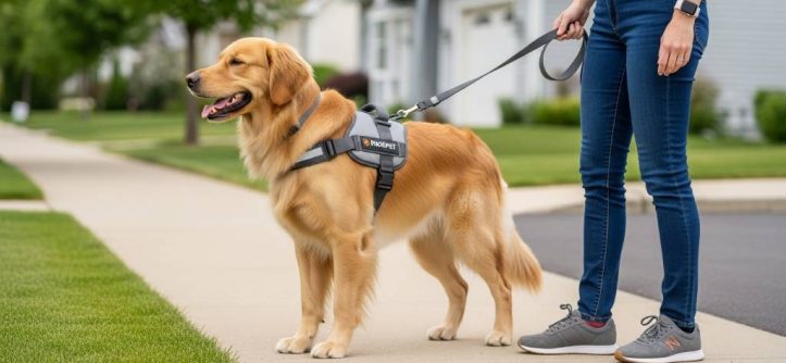 Golden retriever wearing grey PHOEPET no-pull harness walking calmly beside owner on neighborhood sidewalk during leash training session