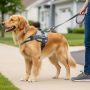 Golden retriever wearing grey PHOEPET no-pull harness walking calmly beside owner on neighborhood sidewalk during leash training session