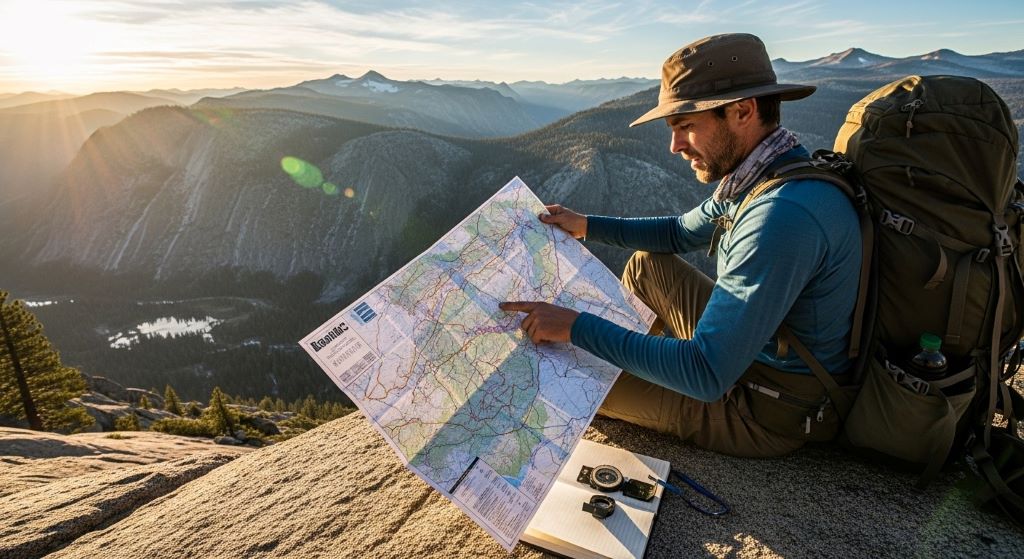 Backpacker reviewing topographic map while planning multi-day mountaineering route in California wilderness