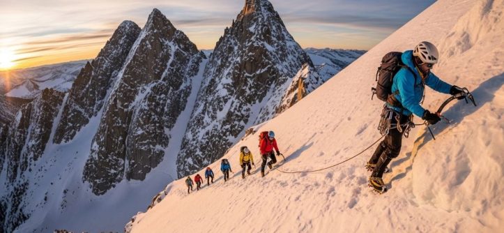 Mountaineers ascending a snow-covered peak in California's Sierra Nevada mountain range with climbing gear