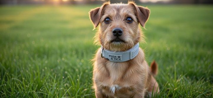 Small dog wearing a flea and tick collar outdoors in grass