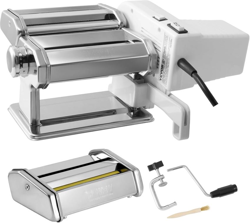 Close-up of VEVOR pasta maker showing interchangeable discs for different pasta shapes.