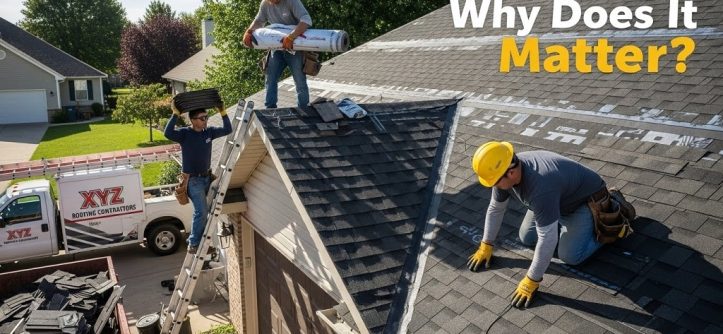Roofing contractor inspecting residential roof before project