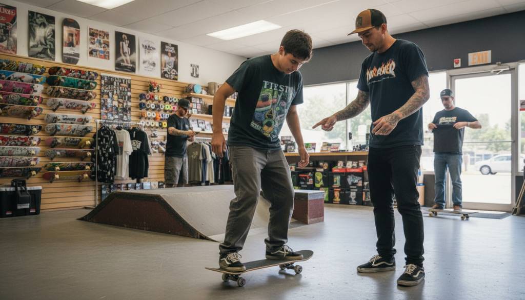 Young adult testing affordable beginner skateboard at local skate shop with staff guidance
