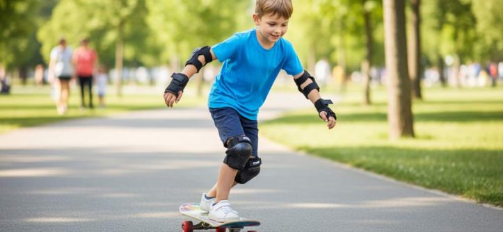 Young child skateboarding while wearing full BOSONER protective gear set including knee, elbow, and wrist pads