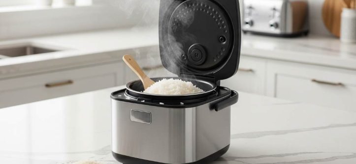 Compact small rice cooker with steaming fluffy white rice on a modern kitchen counter