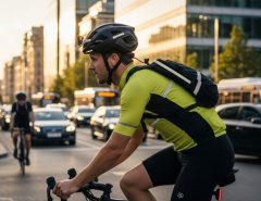 Cyclist wearing a durable bike helmet while commuting in city traffic with modern safety features visible