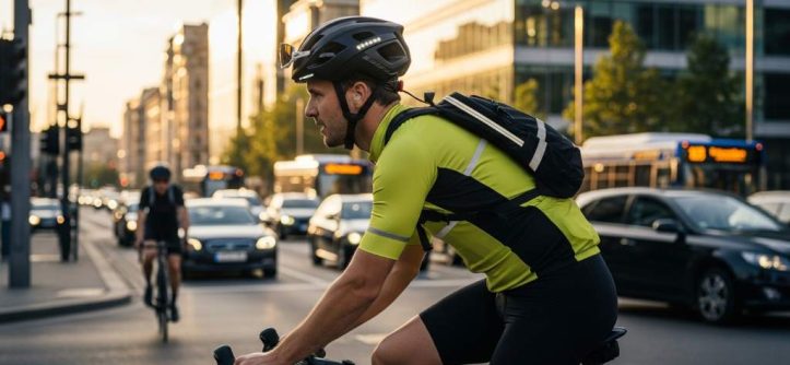 Cyclist wearing a durable bike helmet while commuting in city traffic with modern safety features visible