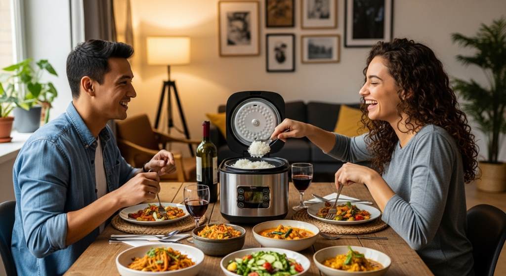 Happy couple enjoying a home-cooked meal with perfectly prepared rice from a mini rice cooker