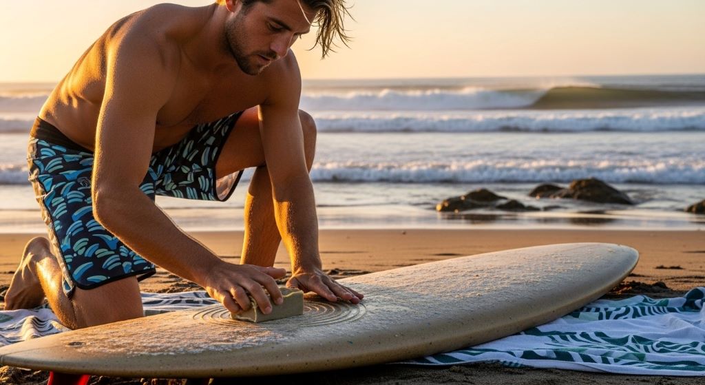 Surfer applying natural biodegradable surf wax to recycled foam surfboard near ocean waves