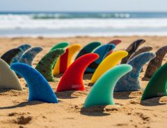 Collection of colorful recycled surfboard fins made from ocean plastic waste arranged on sandy beach