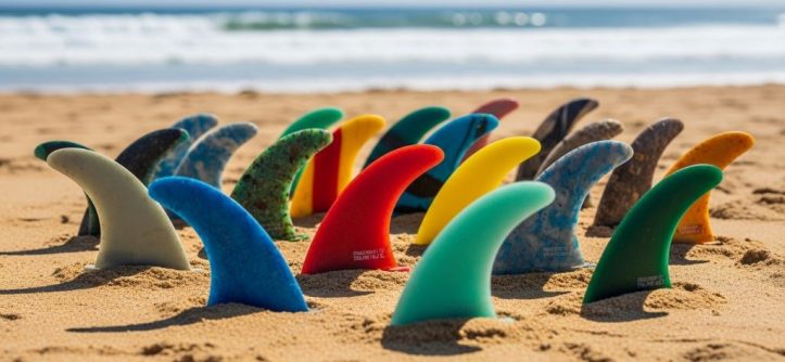 Collection of colorful recycled surfboard fins made from ocean plastic waste arranged on sandy beach