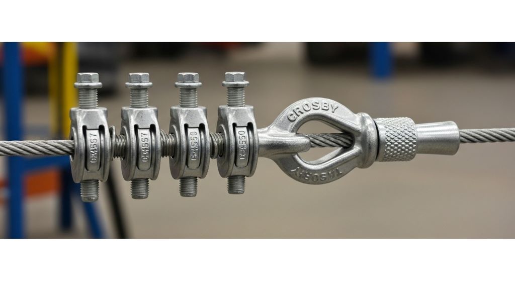 Multiple wire rope fittings properly spaced along steel cable with thimble creating safe loop termination for lifting applications