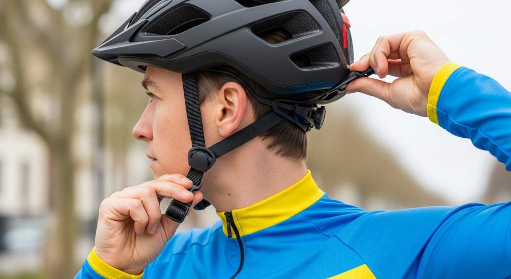 Person adjusting fit on a high-rated durable bike helmet with proper strap positioning and level placement