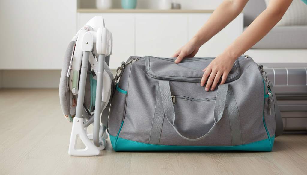 Portable baby swing folded compactly next to a travel bag, showing lightweight design for easy transport by parents