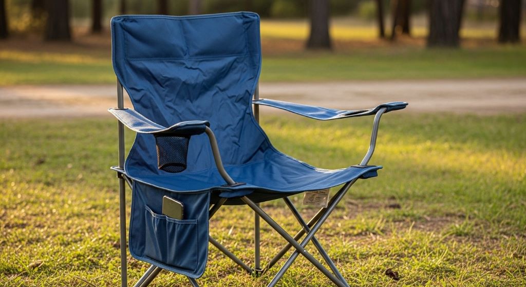 Budget-friendly folding camp chair with cup holder and storage pocket