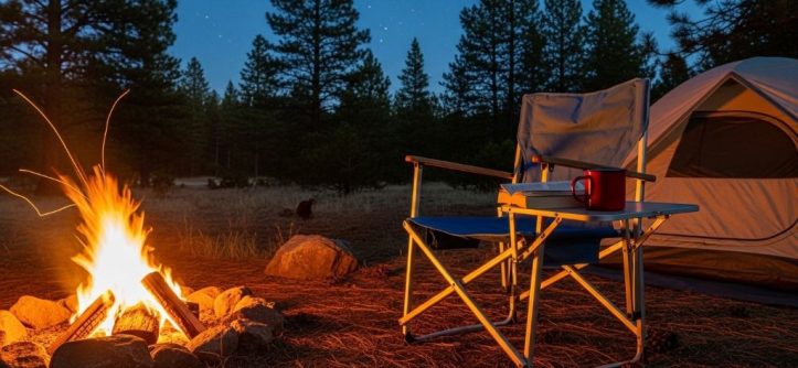 Affordable portable camping chair setup at outdoor campsite with campfire
