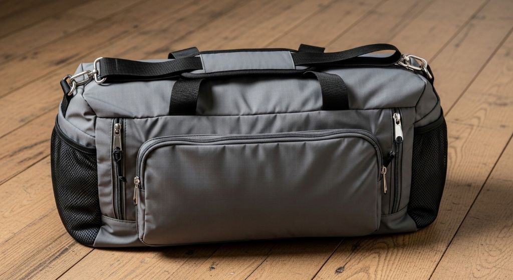 Lightweight travel duffel bag with multiple compartments and shoulder strap on wooden floor