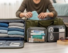 Traveler packing organized duffel bag with clothes and essentials for weekend trip