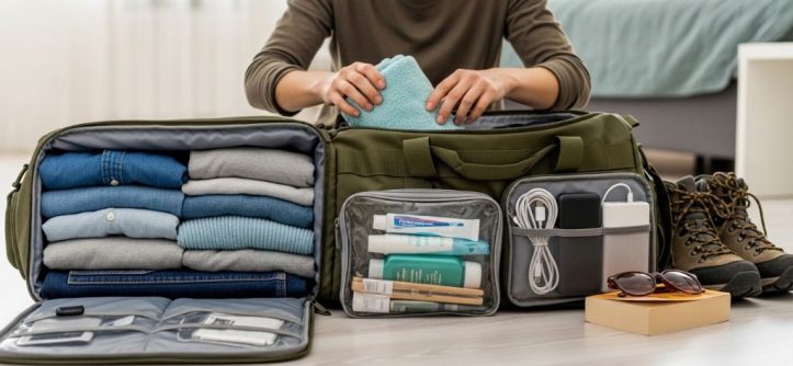 Traveler packing organized duffel bag with clothes and essentials for weekend trip