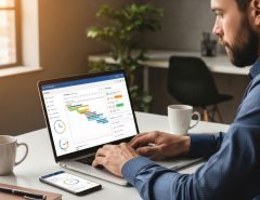 Professional using productivity tools and time management apps on laptop to work more efficiently