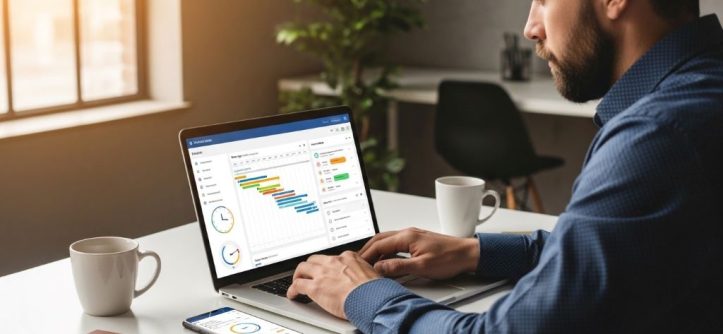 Professional using productivity tools and time management apps on laptop to work more efficiently