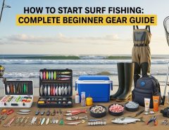 Beginner surf fishing setup with rod, spinning reel, and pyramid sinker on beach