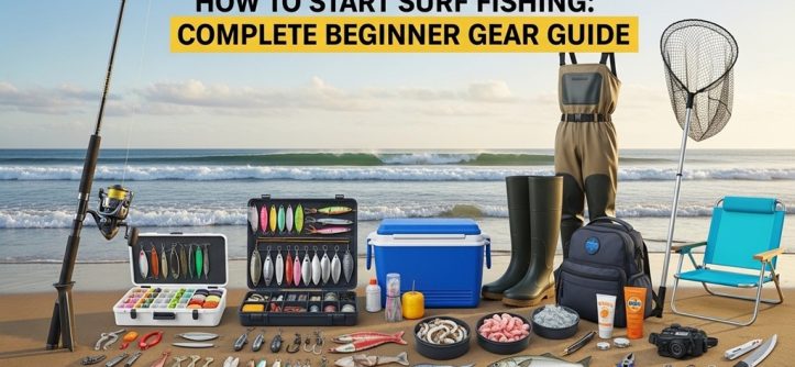 Beginner surf fishing setup with rod, spinning reel, and pyramid sinker on beach