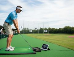 Golfer using a portable launch monitor on a driving range to measure ball speed and launch angle