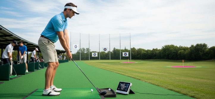Golfer using a portable launch monitor on a driving range to measure ball speed and launch angle