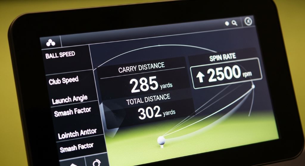 Close-up of a golf launch monitor screen displaying swing data including carry distance and spin rate