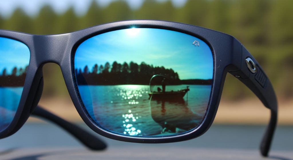 close-up of fishing sunglasses with reflective lenses