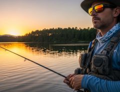 angler wearing polarized fishing sunglasses near water